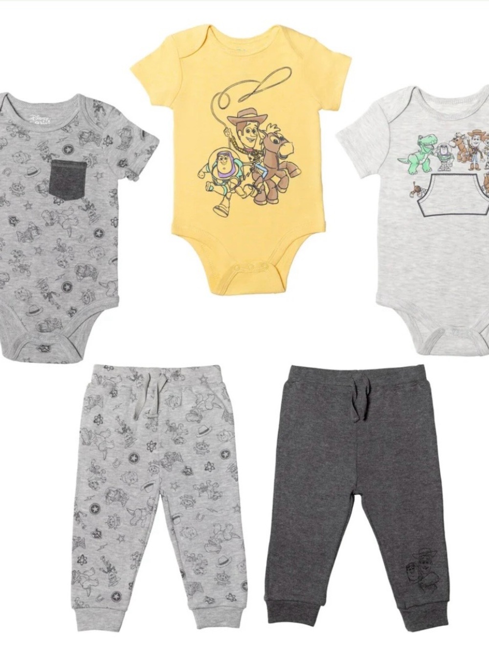 Disney Baby Yellow and Gray Woody & Friends Bodysuit Set, 5 Pieces.  NWT